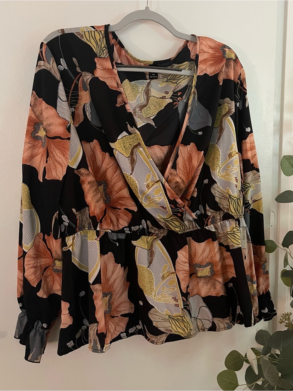 SHEIN Black Long-Sleeve Floral Wrap Blouse with Peach Accents
